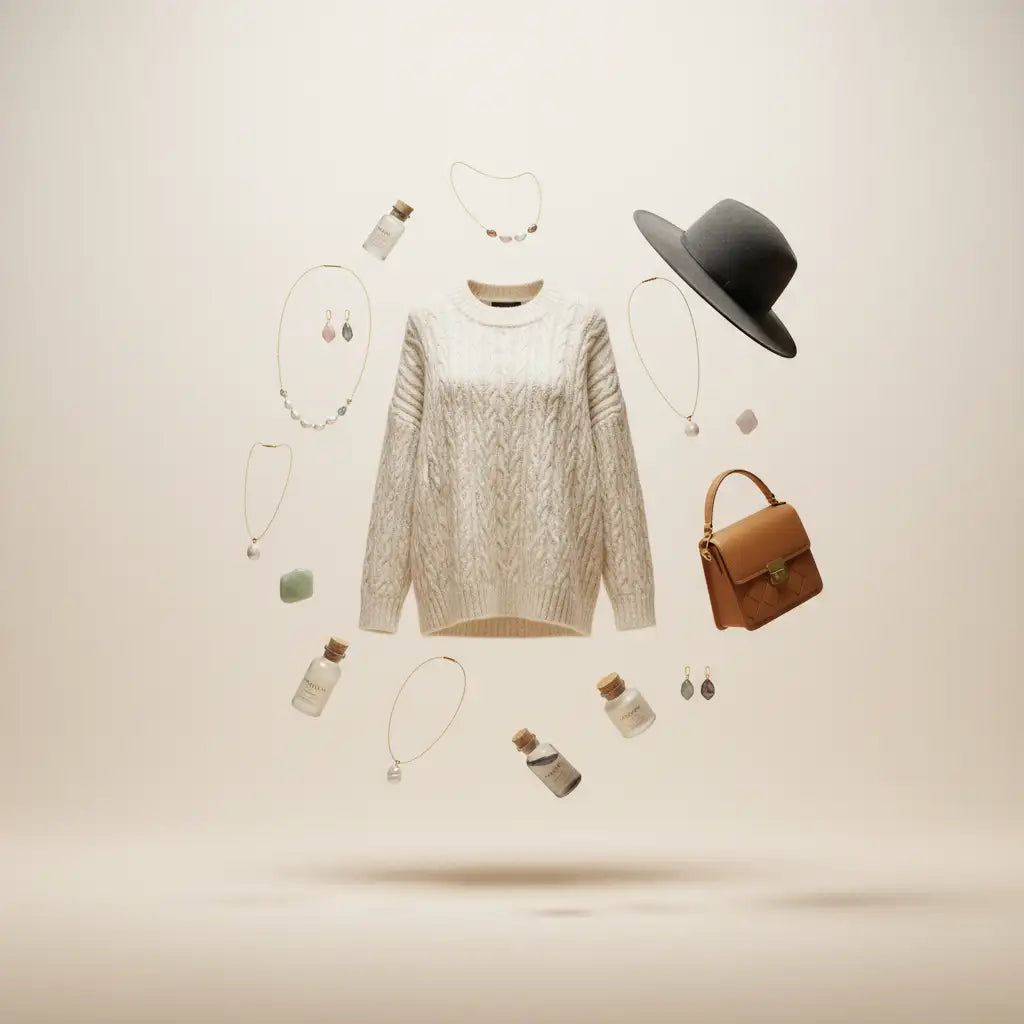 Cream-colored cable-knit sweater with a classic crew neck and long sleeves.